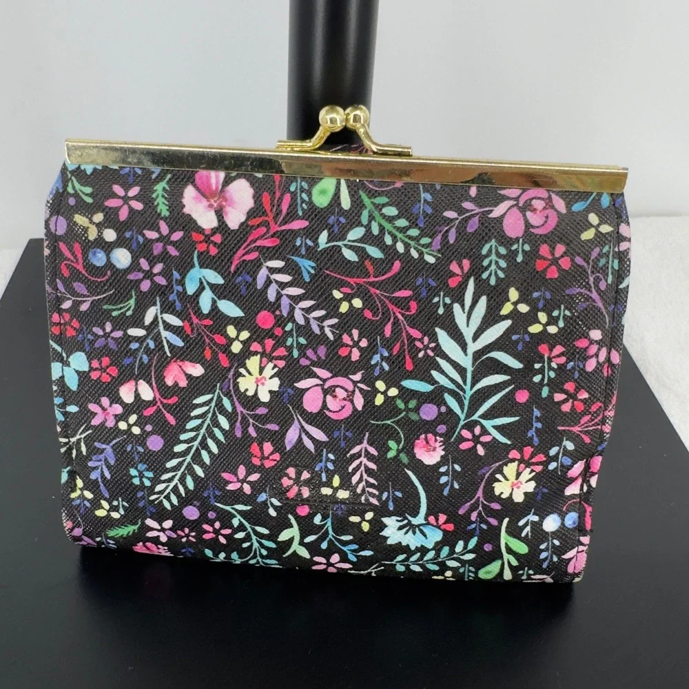 Vintage Buxton Floral Bifold Wallet Kiss Lock Coin Pouch Burgundy Interior Black